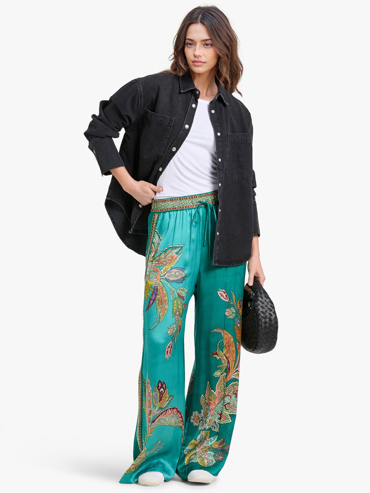 Pantalon Évasé Taille Haute Émeraude Luxe