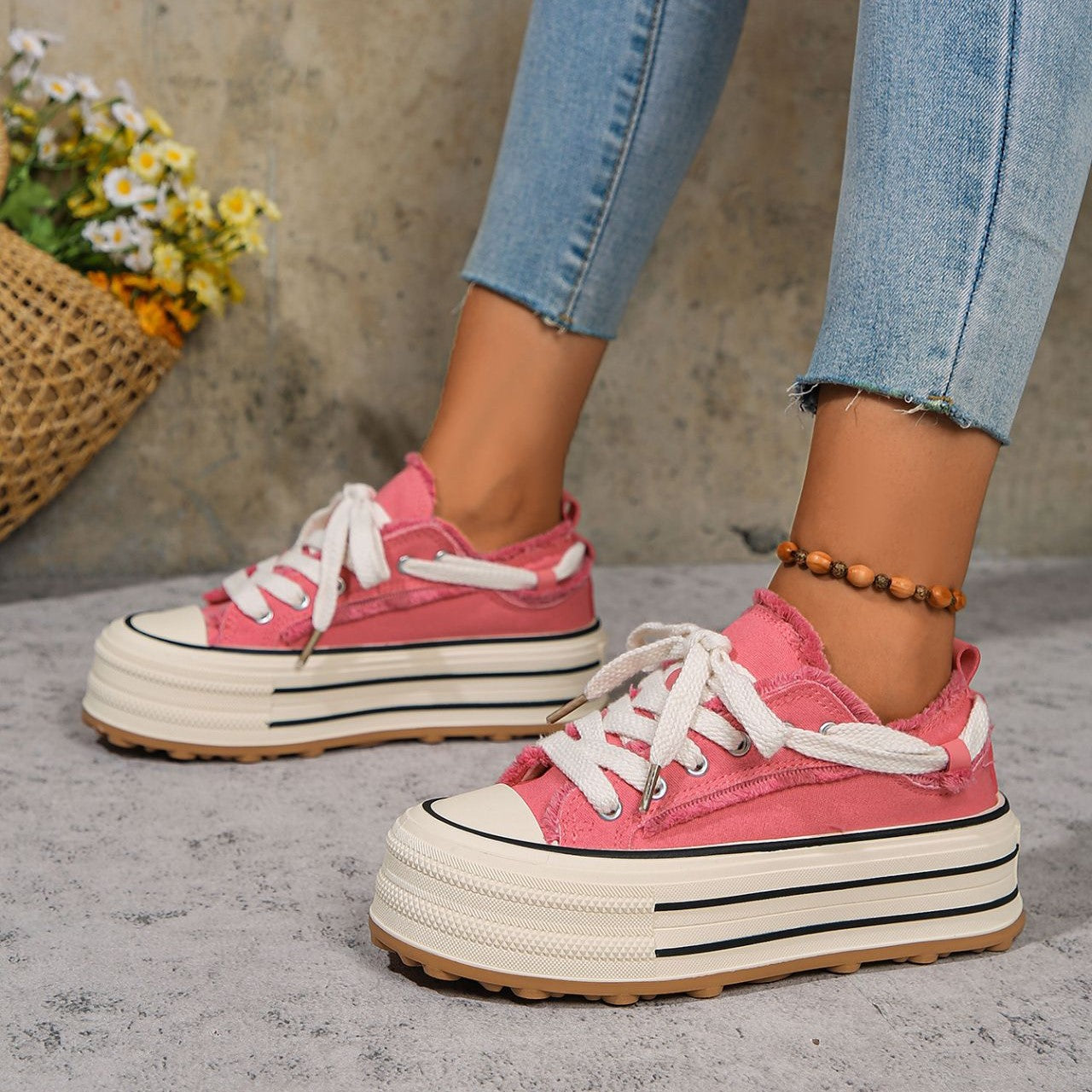 Baskets à Semelle Compensée avec Franges