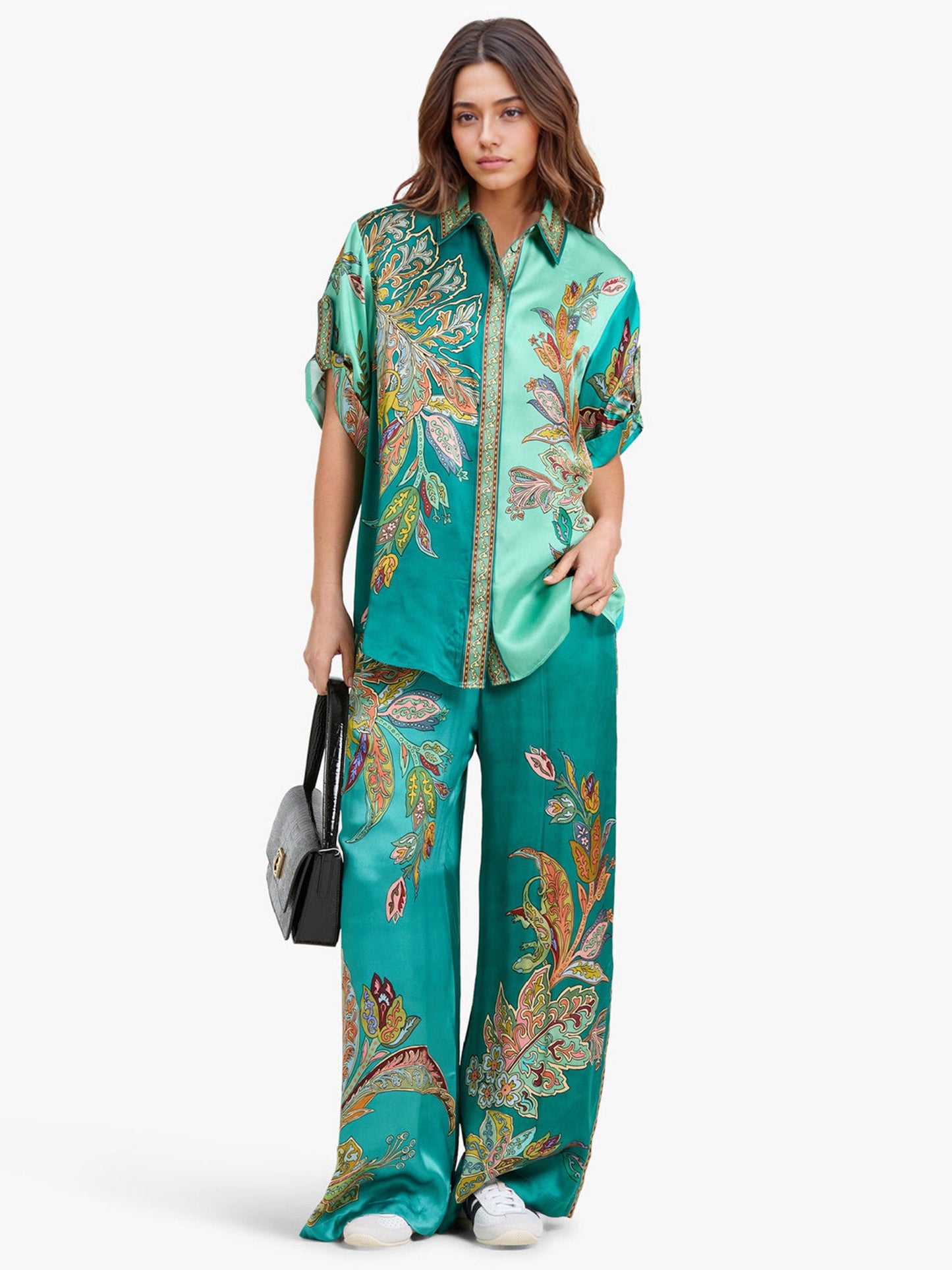 Pantalon Évasé Taille Haute Émeraude Luxe